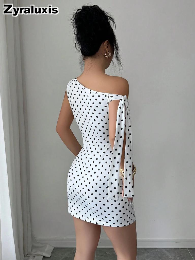 Neues Retro-Pünktchen-Off-Shoulder Bodycon Etui-Minikleid für Damen