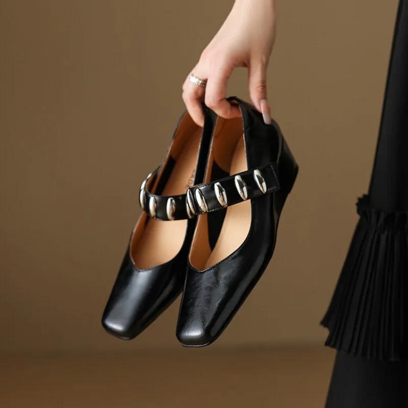Fashion Cowhide Black Silver Metal Decorative Wedge Heel High-heeled Shoes Spring Autumn Fashion Commute Ballet Soft Flat Single Shoes