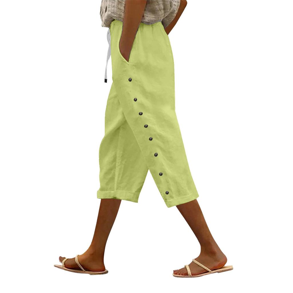 Women Casual  Side Button Up Trendy Pants Baggy Elastic Waist Straight Leg Comfort Trousers With Pocket