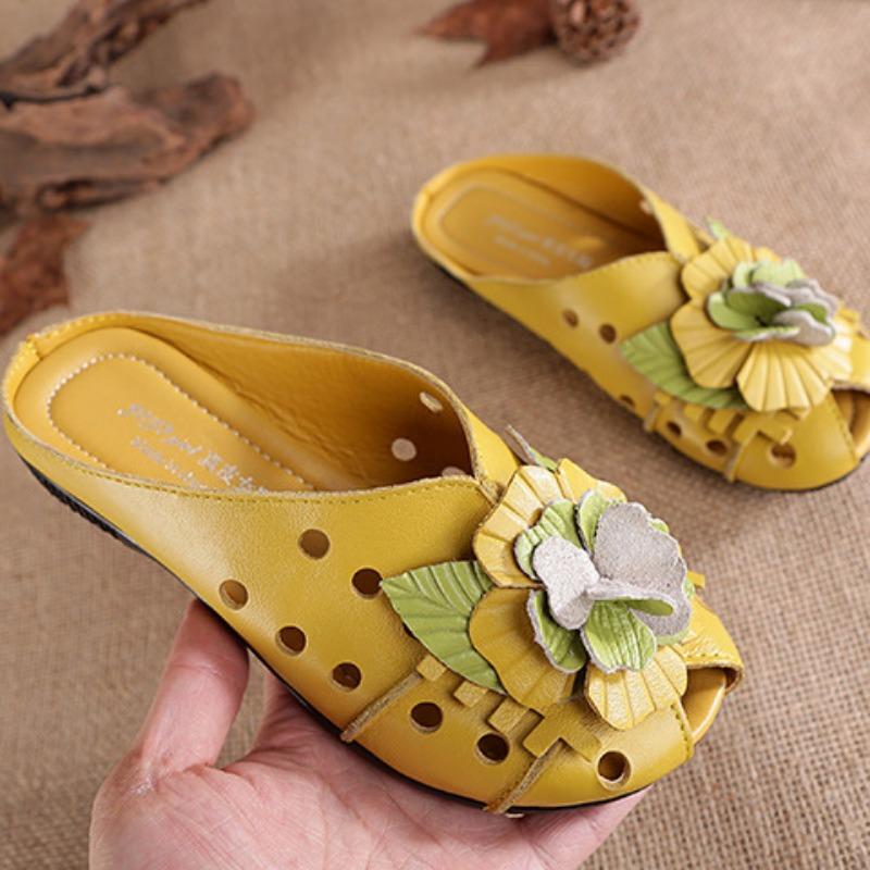 New Summer Genuine Leather Shoes Women Sandals Old Beijing Style Cow Leather Shoes Flowers Black Red Yellow Plus Size 41