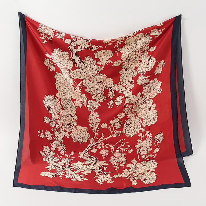 Floral Printed Imitation Silk Satin Scarf Elegent Sunscreen Shawl Beach Travel Head Wrap Women Outdoor Windproof Hijab180*90Cm