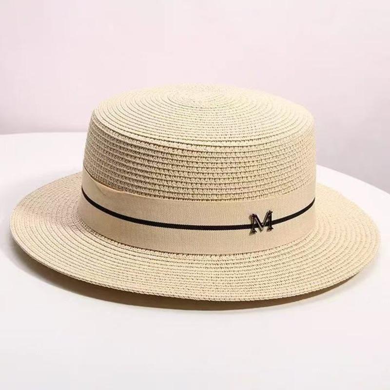 Meimeier Women's new summer retro french pearl straw hat - perfect for beach trips, flat top socialite style