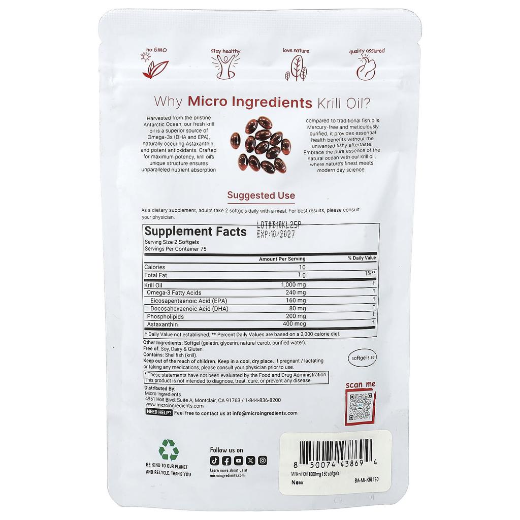 Micro Ingredients, Antarctic Krill Oil, 150 Softgels (500mg per softgel)