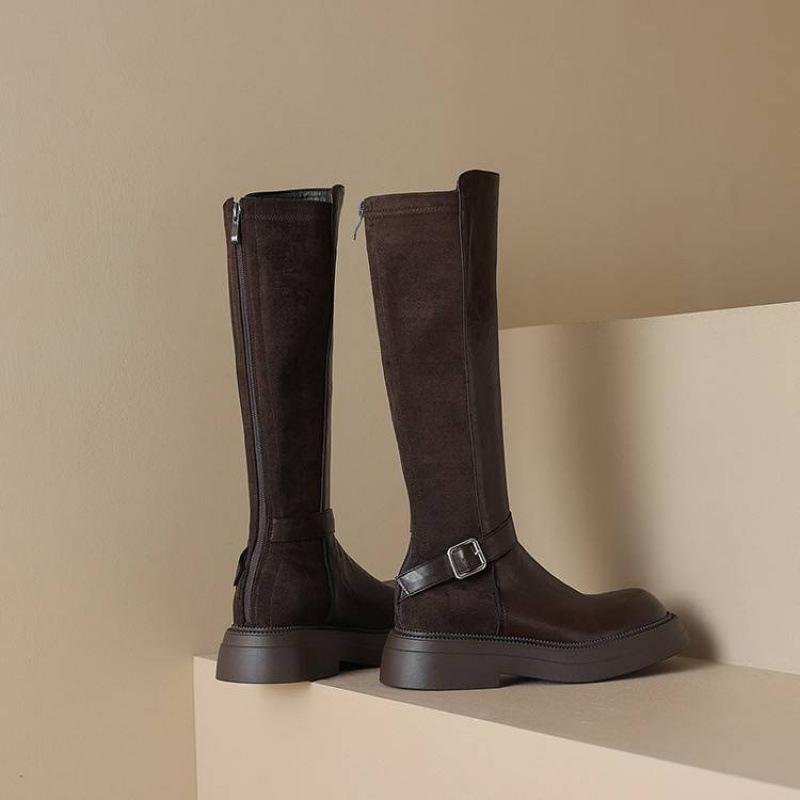 Autumn and winter thick-soled round-headed women's Martin boots solid color large-size rear zipper new comfortable and non-slip medium-heeled high b