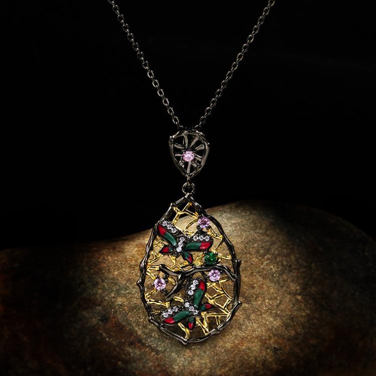 2026 Black Gold Three-piece Multi-color Natural Stone Geometric Two-color Flower Ring Necklace Earrings Jewelry Set