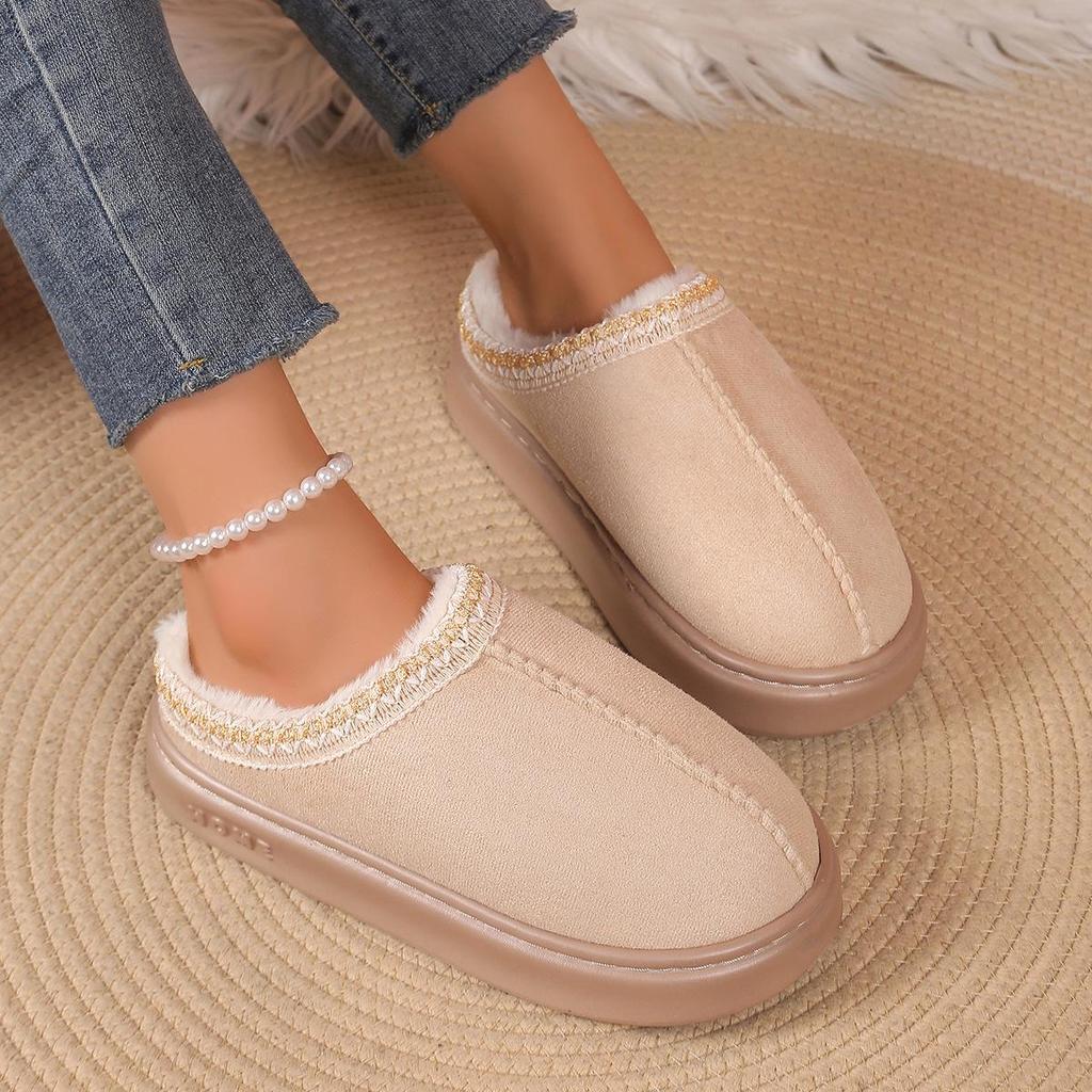 Damvarma plyschtofflor i bomull - Halkfria, tjock sula, inomhus/utomhus, höst/vinter.