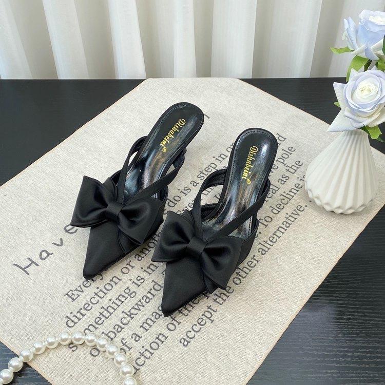 Bow Bag Head Half Slippers Women's 2025 Summer New Satin-faced Stiletto Slippers Pointed Stiletto Empty Slippers