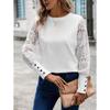 2024 Autumn Top European and American Solid Color Long Sleeve Embroidered Lace Splicing Waffle Round Neck Top Fashionabl Versatile