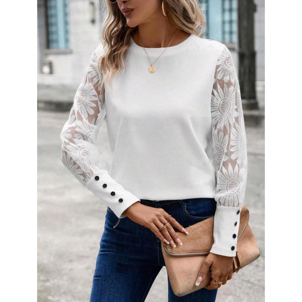 2024 Autumn Top European and American Solid Color Long Sleeve Embroidered Lace Splicing Waffle Round Neck Top Fashionabl Versatile