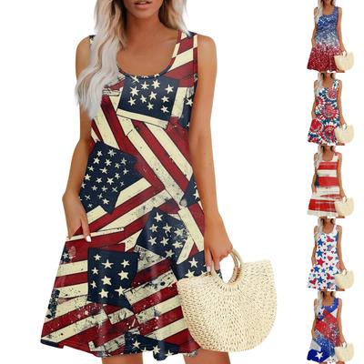 Kadın Yazlık Günlük Kare Yaka Bağımsızlık Günü Baskılı Kolsuz Cepli Elbise