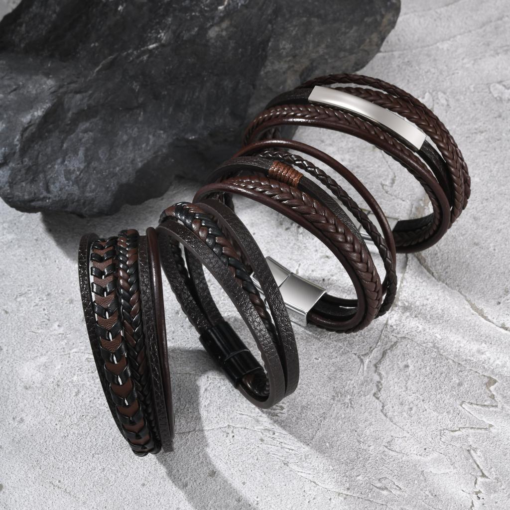 Brown Multi Layers Leather Bracelet for Men,New Style Tiger Eye Stone Beaded Handmade Leather Wristband,Gift for Husband Dad Him