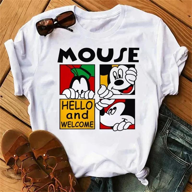 Fashion Cute Disney Mickey Minnie Cartoon Graphic Printed Women T-Shirt Casual O-Neck Short Sleeves Streetwear Female Tops Tees
