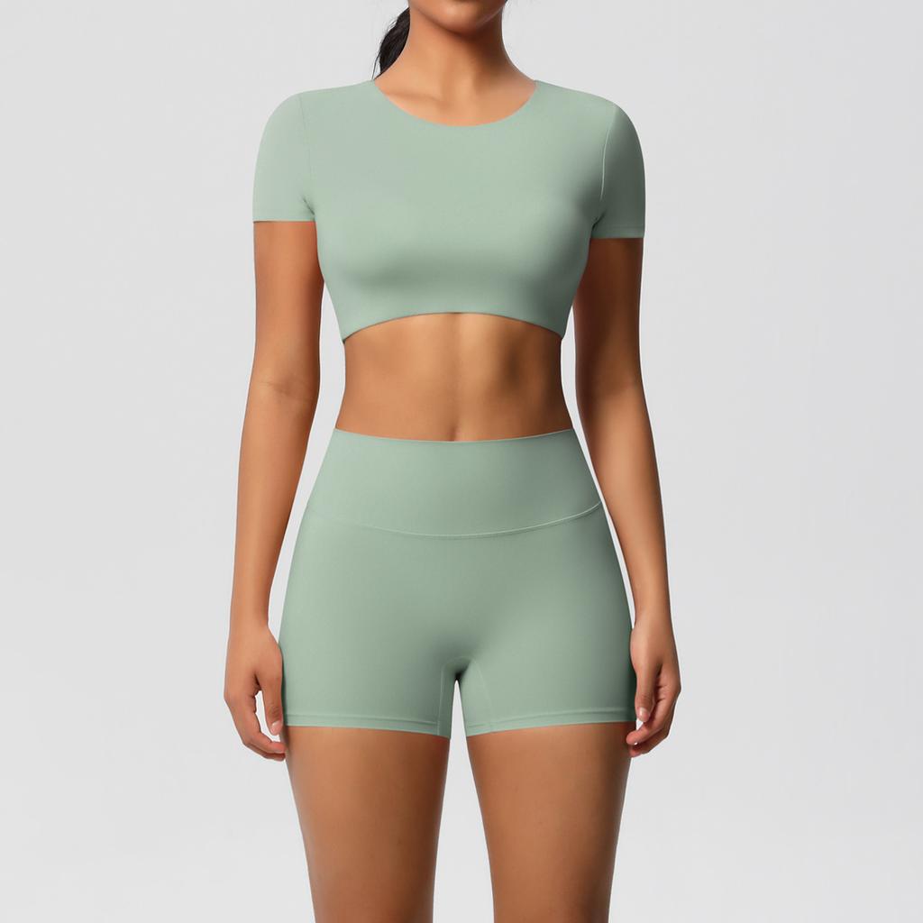 Spot Solid Color Double-sided Abraded Chest Yoga Suit, Running Sports Fitness Suit, Short Two-piece Set for Women