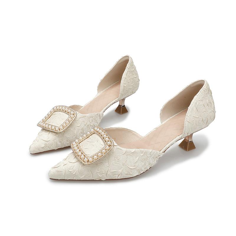 2025 New Summer Fairy Style Fashion Bag Head Hollow Sandals Women's Middle Heel Satin Pointed Head Small High Heel Single Shoes