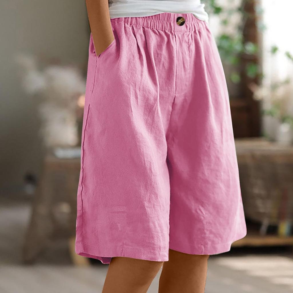 Pantaloni da donna a tinta unita con tasche, bottoni alla moda, pinocchietti, cotone e lino, pantaloncini larghi con elastico in vita
