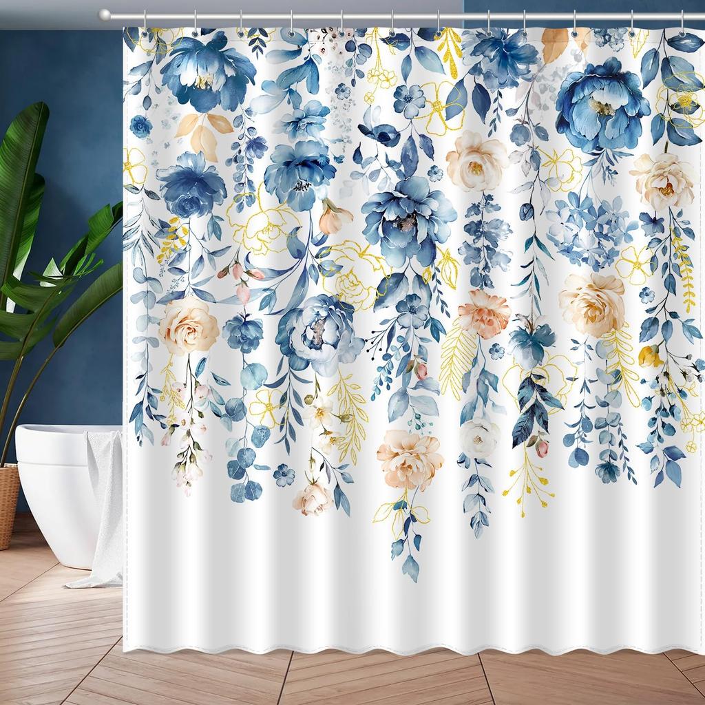 Aquarell Rose Blumig Blatt Duschvorhang, Blume Botanisch Blätter Modern Ästhetisch Kunst Badezimmer Dekor, Polyester Stoff Bad