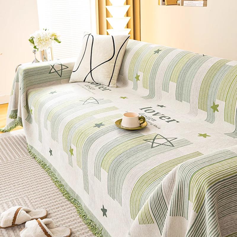 Anti Cat Scratch Sofa Towel with Tassel Nordic Printed Non Slip Blanket for Living Room Multi-Purpose Dust Cover for All Seasons