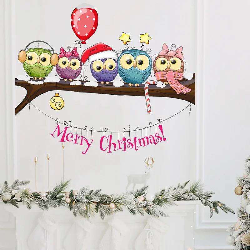 Buon Natale Adesivi murali per finestre Poster Decalcomanie Gufo impermeabile Capodanno Decorazioni per l'albero di Natale Decorazioni per la casa Natale