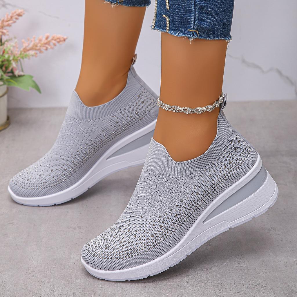 Fashion Rhinestone Decor Wedge Sneakers for Women Breathable Knitted Non Slip Running Shoes Woman Comfortable Slip On White Sports Shoes