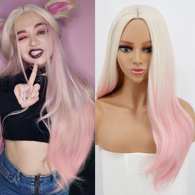 Halloween Synthetische Lange Gewellte 613 Rosa Cosplay Perücken für Frauen Bunte Faser Haar Perücke Hohe Temperatur