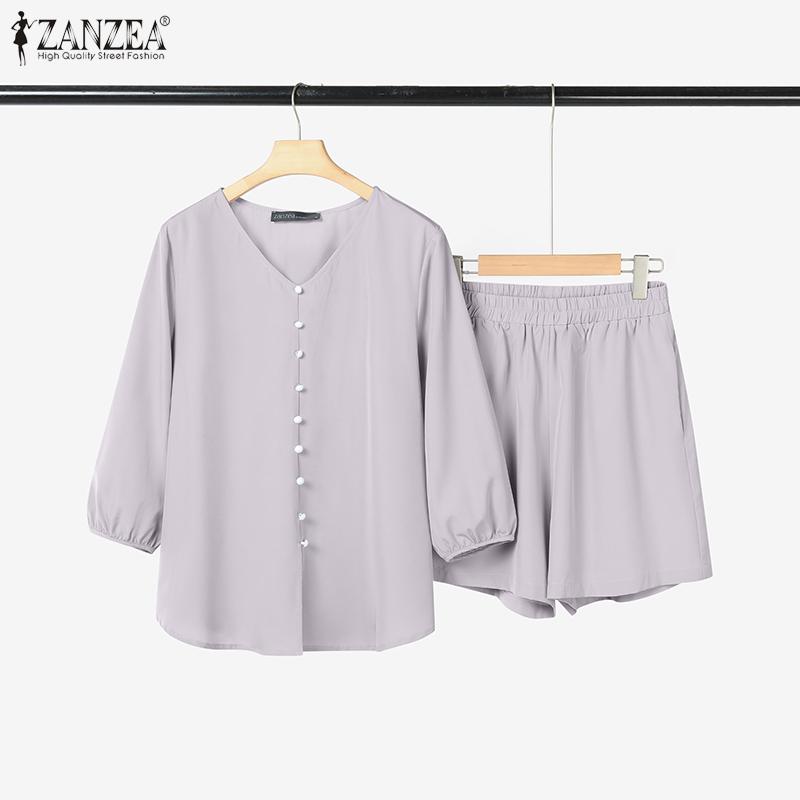 ZANZEA Women 3/4 Sleeve Blouse and Shorts Summer Two Piece Suit Sets