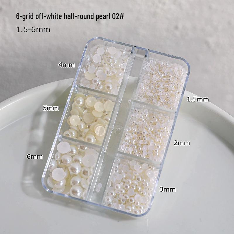 12-Grid Nail Art Pearls: Off-White Mixed Sizes, No Holes, Semi-Circular Boxed Decorations