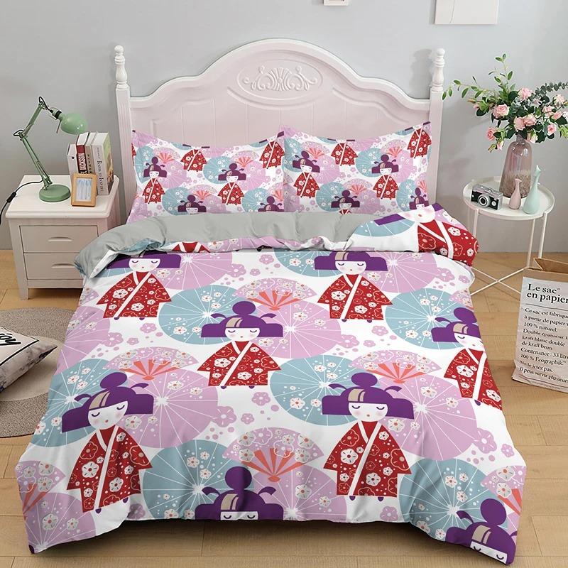 Japanese Doll Duvet Cover King Queen Lucky Cat Fan Bedding Set for Kids Girls Asian Japan Cultural 23PCS Polyester Quilt Cover