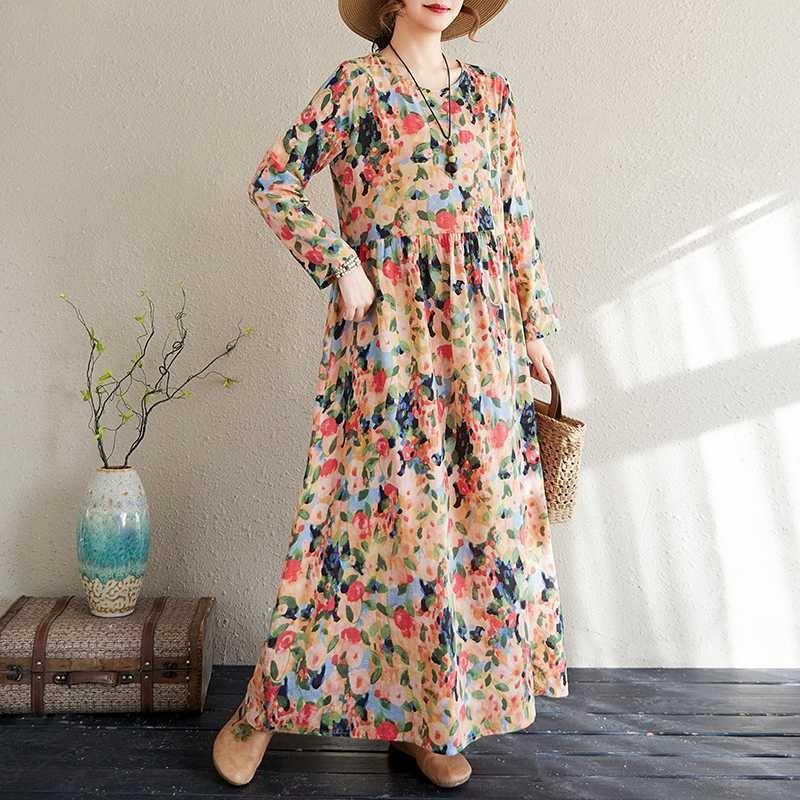 Travel Round Neck Vintage Long Flesh Covering Dresses