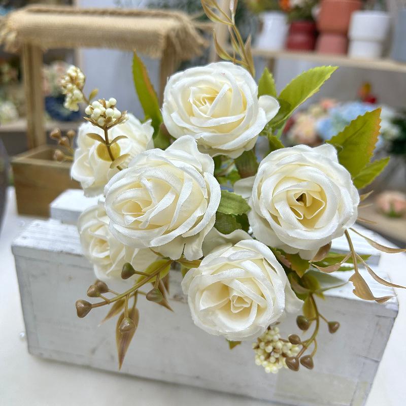 30Cm Long Artificial Flower 6 Pearls Roses Fake Flowers Premium Floral Bouquet Small Roses Silk Flowers