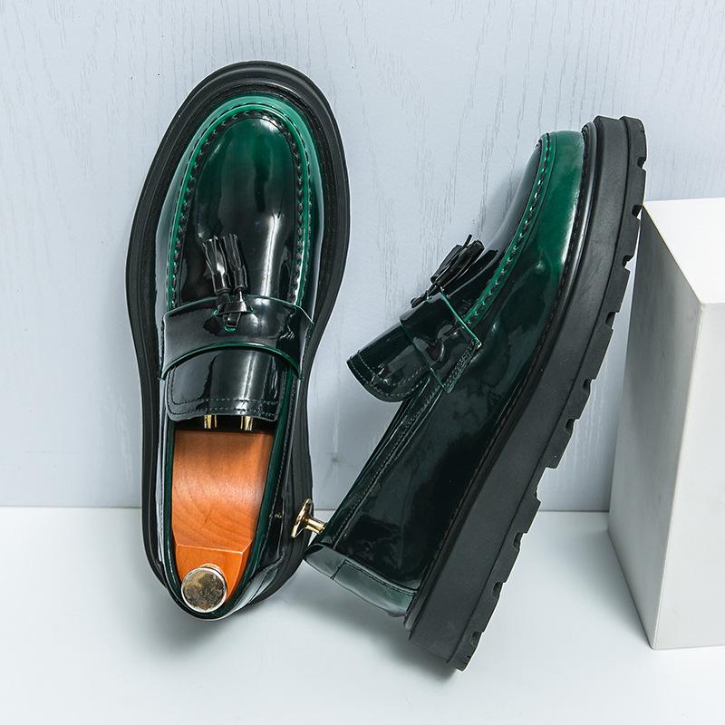 Men's Round Toe Casual Leather Shoes, Black Patent Leather, Thick Sole, Business and Daily Wear
