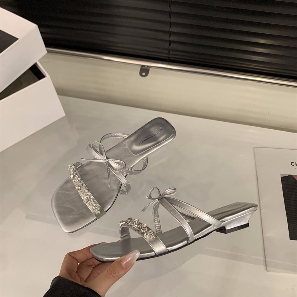 French Thick Heel Rhinestone Slippers Fairy Shoes Wear 2025 Summer Pink with Skirt Bow Sandals