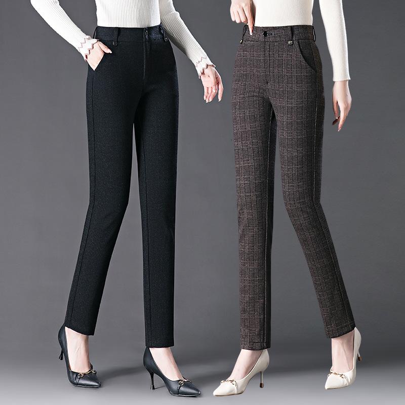High-Waisted Wool Plaid Slimming Pants for Autumn/Winter 2024 - Straight-Leg, Slim-Fit, Casual Wear for Middle-Aged Women.