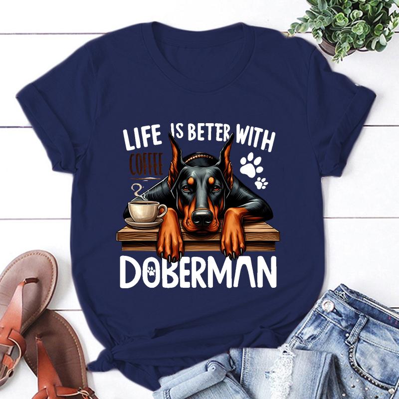 Hot Life Is Better With Coffee Doberman Graphic Short Sleeve T-Shirts For Men Women Shirts Loose T-Shirt Casual Summer T-Shirts