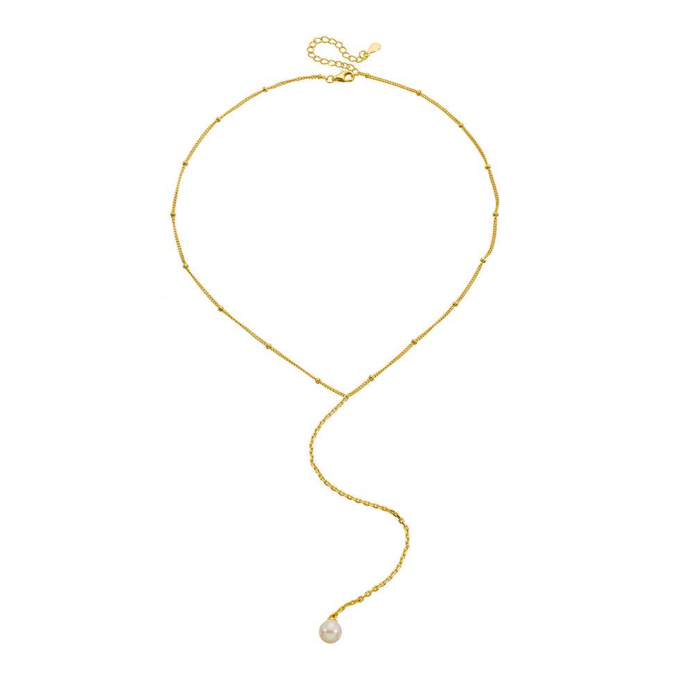 KN4093  Jewelry 925 Sterling Silver Gold Plated Y Bezel Lariat Bead Chain Natural Freshwater Pearl Necklace