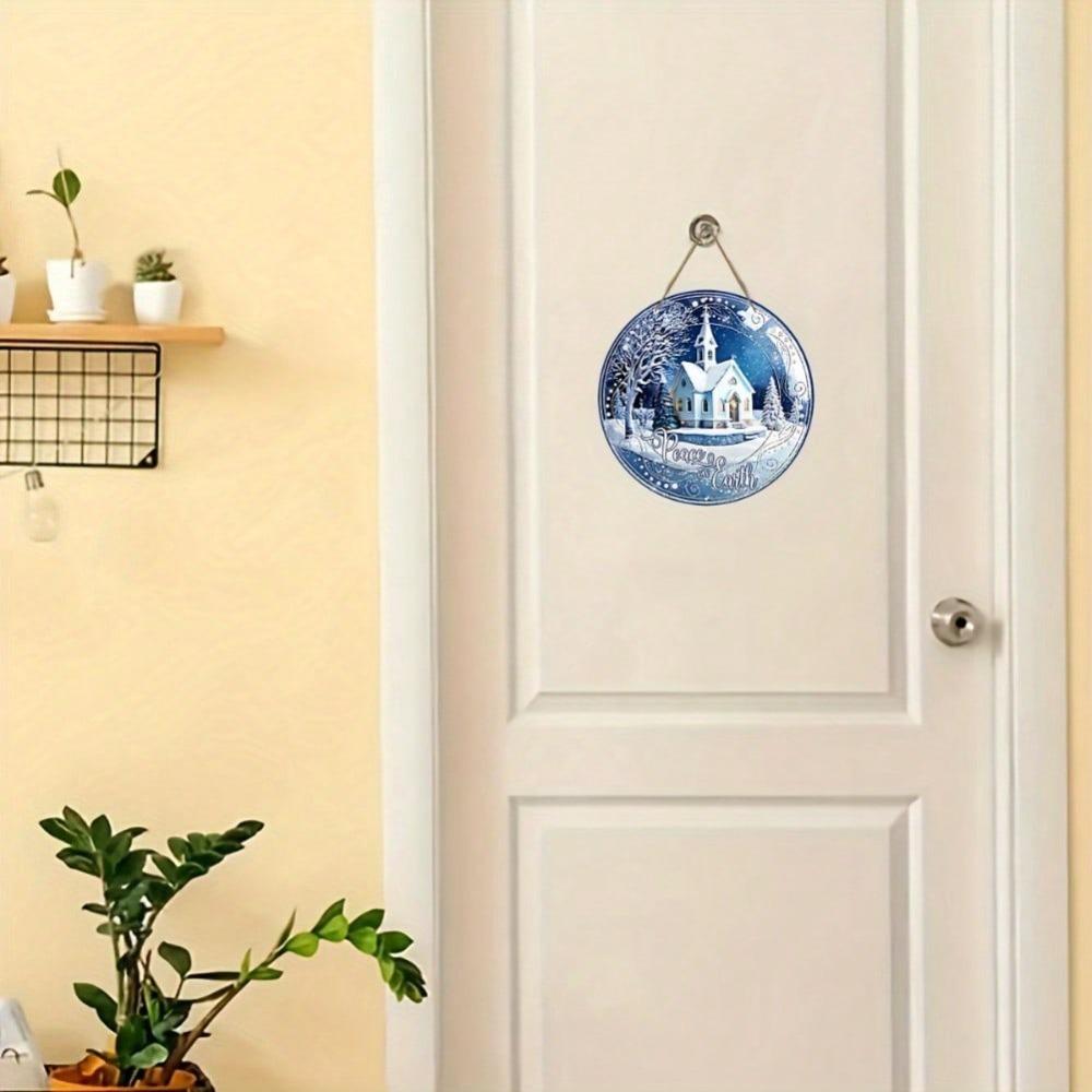 Wooden Round Wall Art Christmas Wreath Sign Winter Church Peace Home Decor Gift 18x18cm