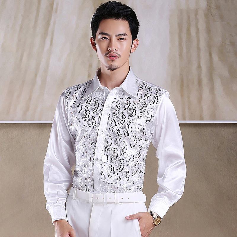 Men's Sequin Chorus Performance Shirt for Middle-Aged & Elderly - Red Stage Costume for Evening Song and Dance