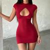 Light and mature style Royal sister sexy hollow design button stand-up collar hip-wrapped short skirt Spice girl temperament slim and thin dress