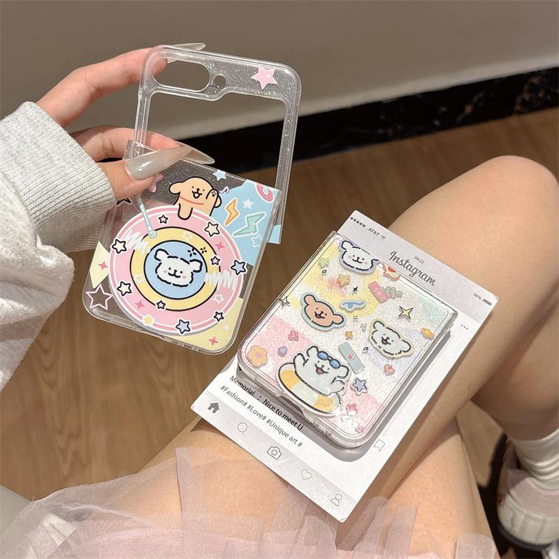 Korean Cute Puppy Phone Case For Samsung Z Flip 7 6 5 Cover Clear Cartoon Hard Cases for Galaxy Z Flip5 Flip6 Flip7 Kawaii Funda