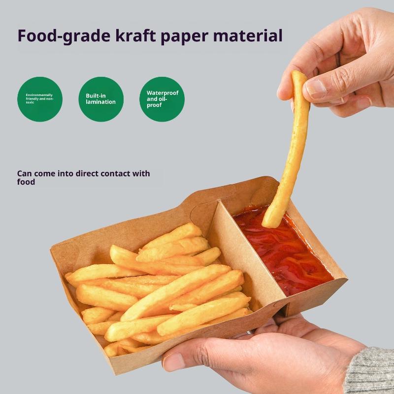 50 Stück Einweg Kraftpapier Lebensmittel Serviertablett Zwei Fächer Snack Pommes Hähnchen Salat Karton Zum Mitnehmen Behälter für Party