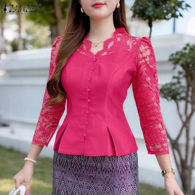Women Summer V-Neck Lace Splice 3/4 Sleeve Elegant Blouse