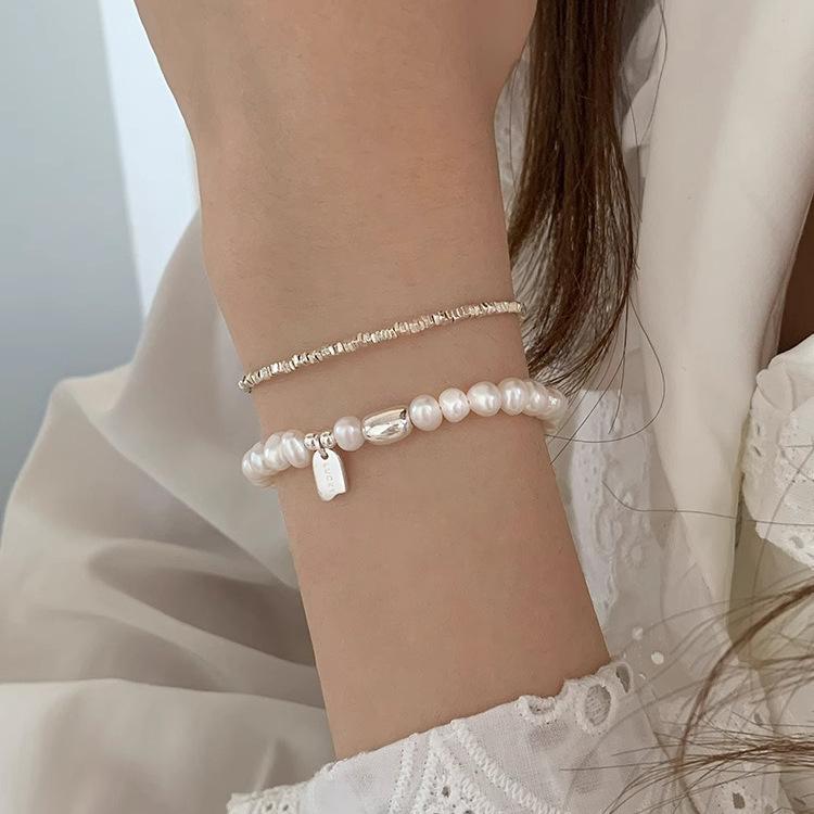 Sterling Silver Personalized Pearl Bead Bracelet for Women - Simple, Fashionable, Stackable Geometric Hand Jewelry.
