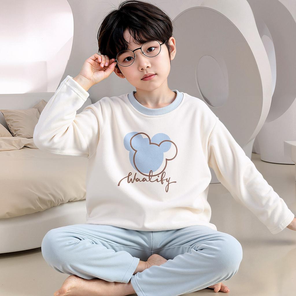 Kids Flannel Pajamas Set Boys Girls Warm Long Sleeve Top And Pants Sleepwear Winter Home Nightwear
