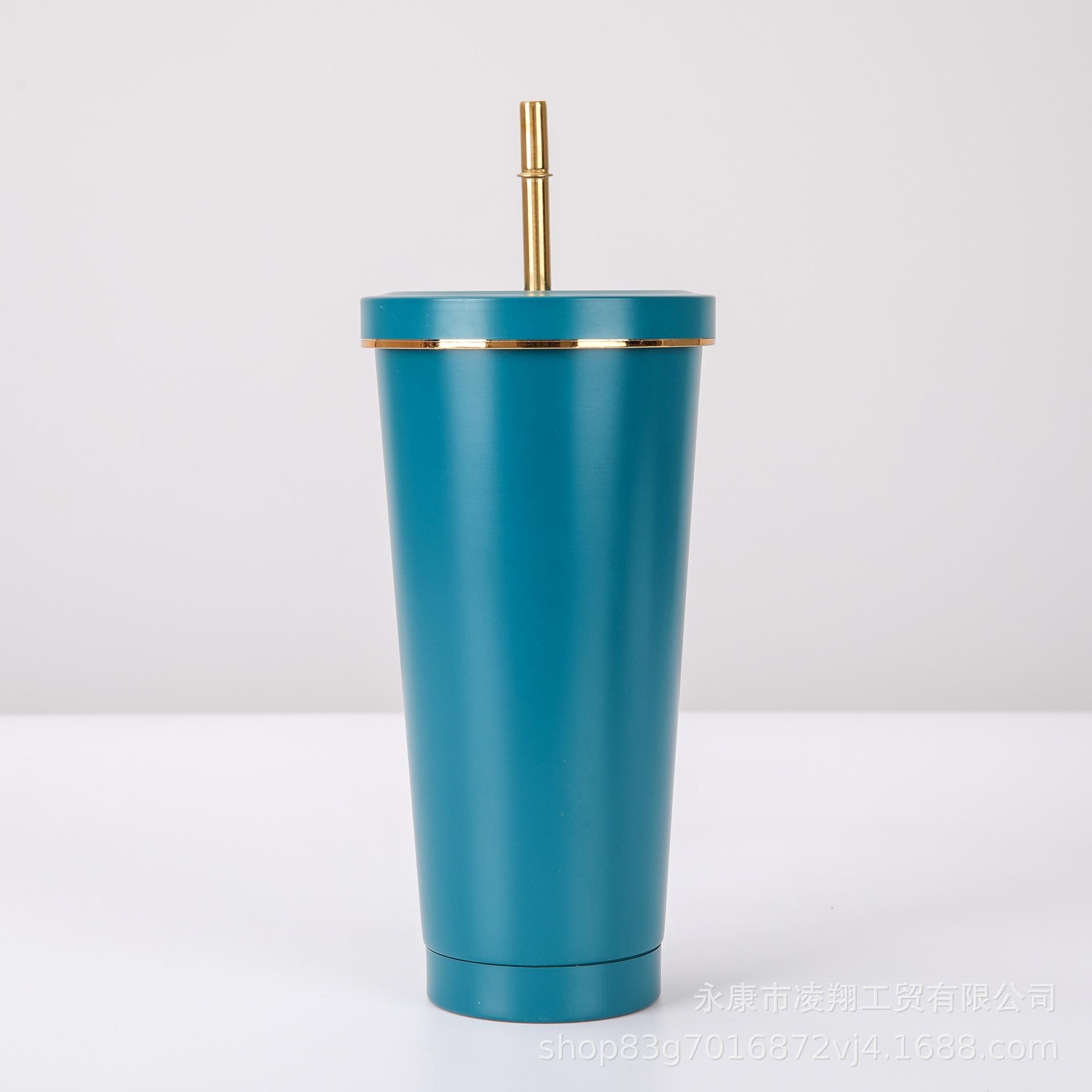 

Hot Selling 304 Stainless Steel Water Mug Outdoor Portable Car Straw Cup Large Capacity Gold Edge Lid Coffee Cup 500ml