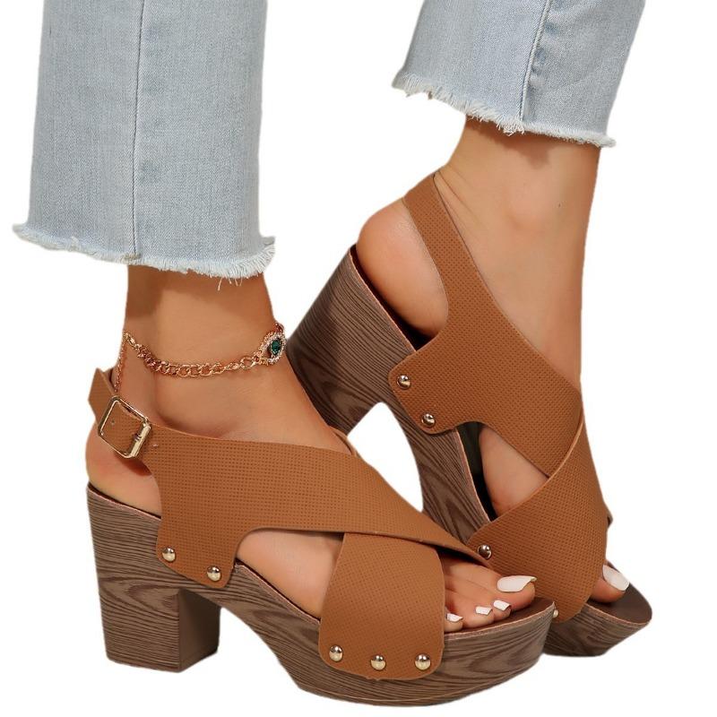 Sandalen, Damen Sommerschuhe Gekreuzte Schnürsenkel Nietenschuhe Dicke Absätze