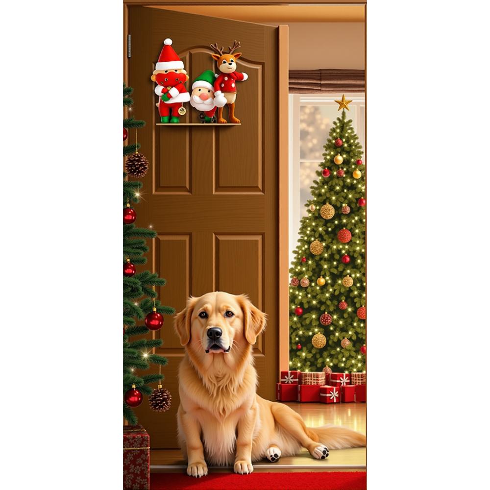 Sitting Santa Claus Linings for Christmas Doors Christmas Decorations 2025 Santa with Puppy Door Cover Indoor And Outdoor Decors