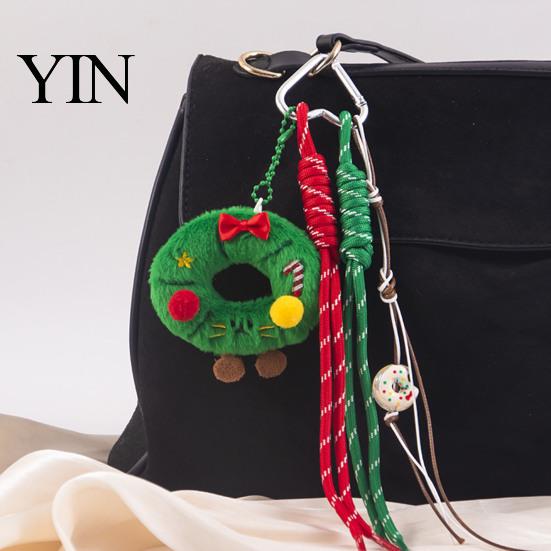 Knitted Holiday Embellishments Christmas Santa Claus Bag Charm, Crochet Keychain Pendant with Key Accessories Faux Leather Star, Xmas Hanging