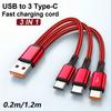 3 In 1 USB A To 3 Type C Fast Charging Cable 100W 6A Data Sync Cord for Samsung S24 Xiaomi Huawei Android Phone USB C Cable