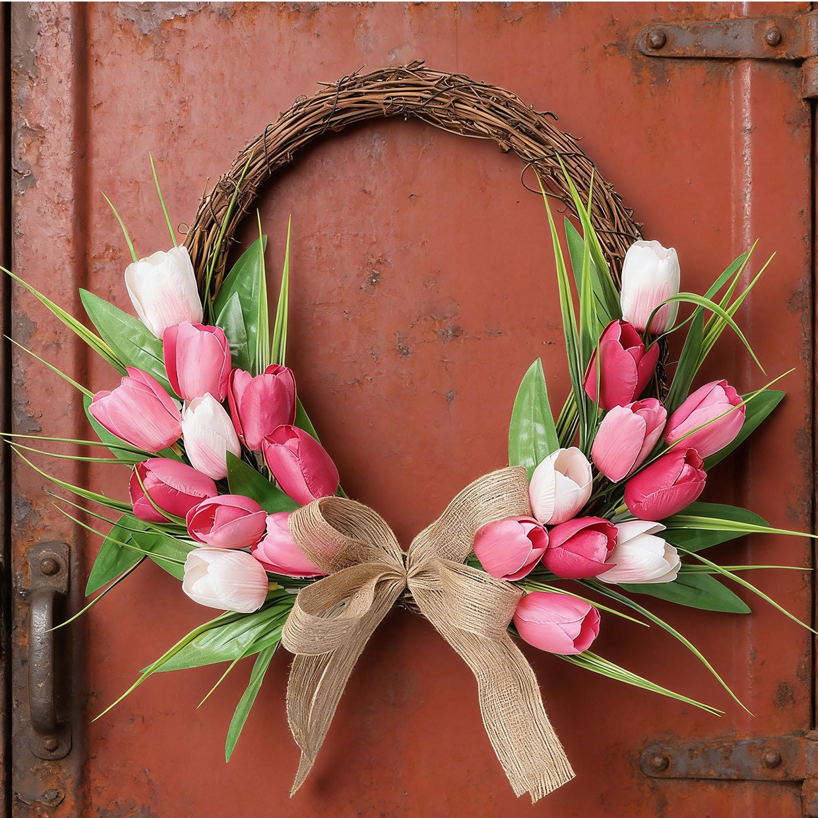 

Flower Wreath Front Door Easter Wreath Fadeproof Artificial Spring Wreath for Indoor Outdoor Home Decor Red Pink White