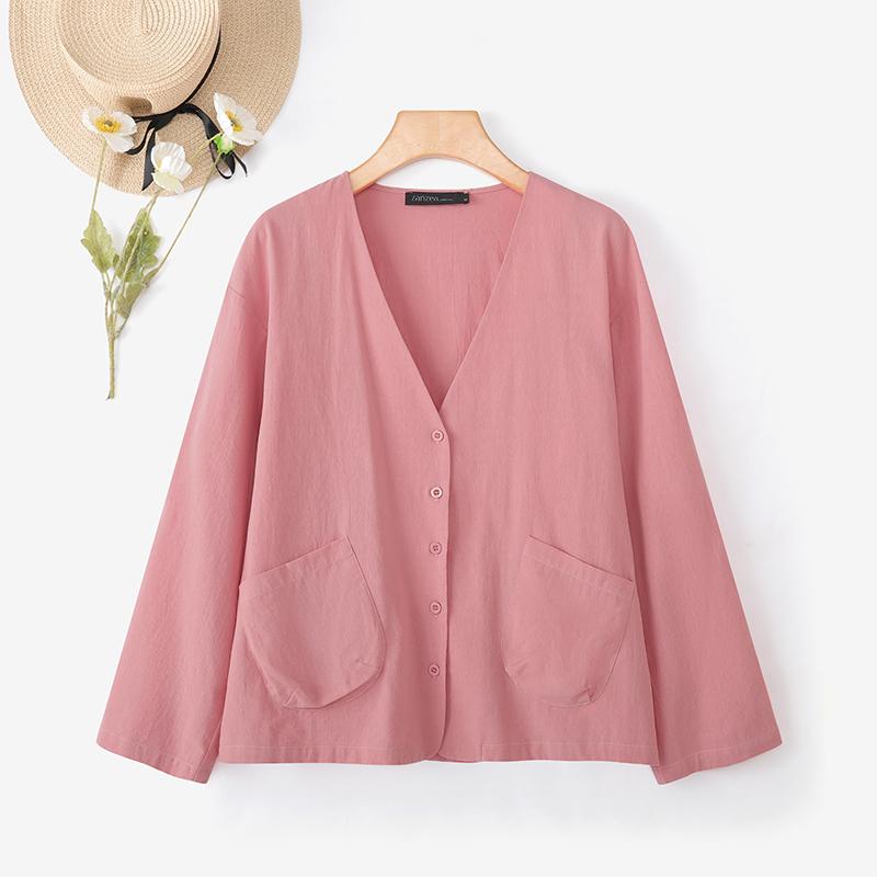 ZANZEA Women Casual V-Neck Loose Long Sleeve Cotton Blouse