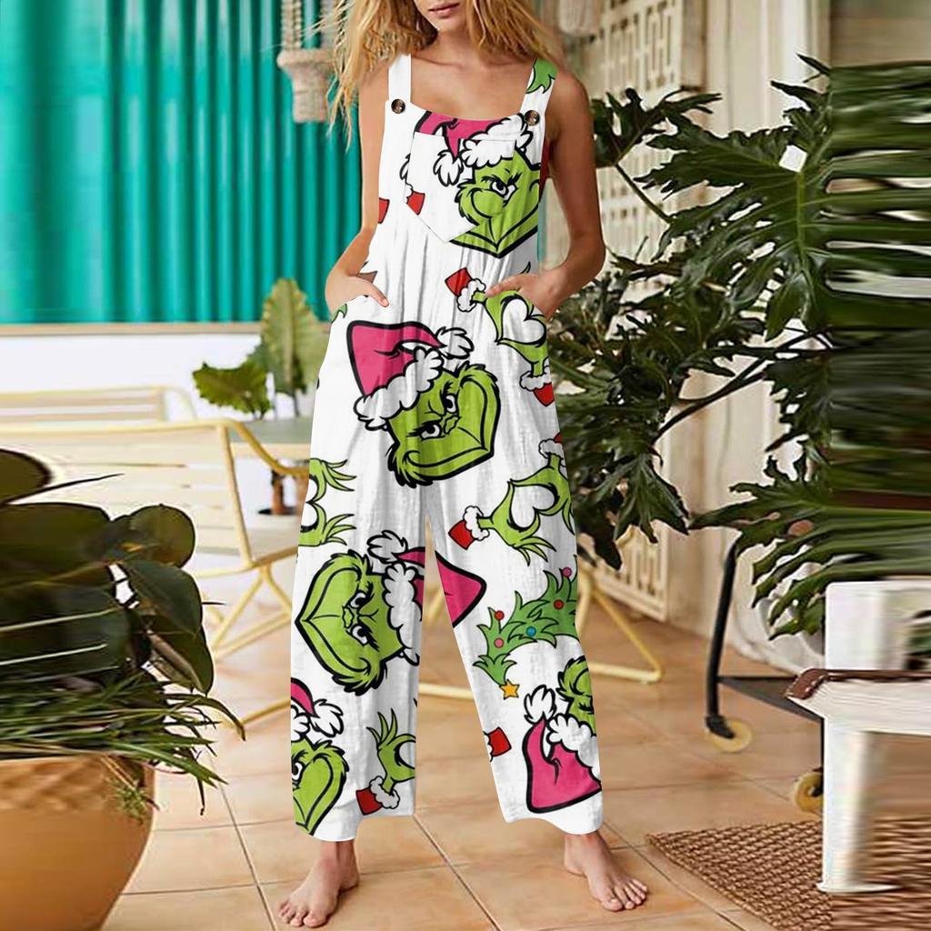 Women's Fashion Christmas  Print Casual Retro Sleeveless Button Jumpsuit